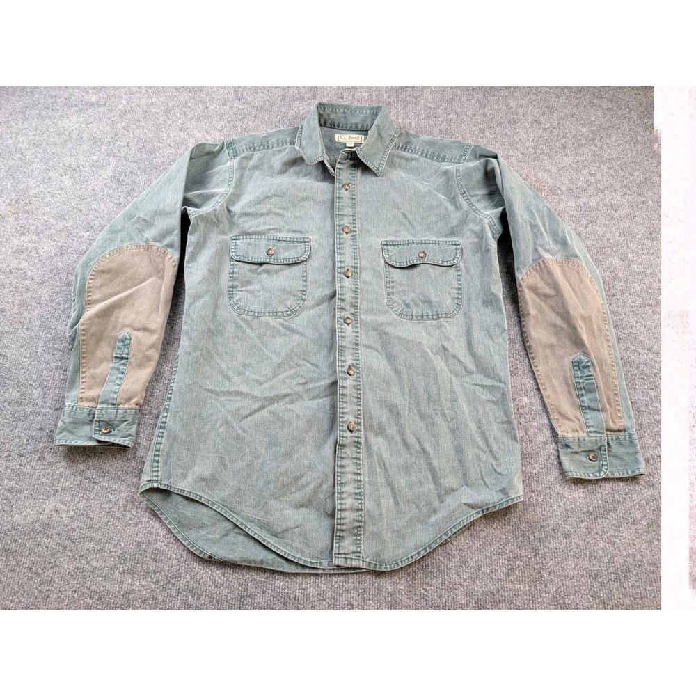 Vintage LL Bean Shirt Mens Small Green Canvas Field Hunting Elbow Patch Made USA